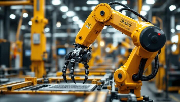 A photograph of a modern industrial robotic arm in action