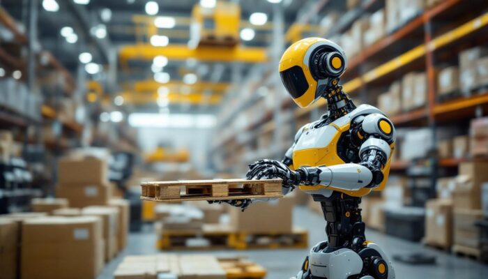 A photograph of a sleek industrial robot in action