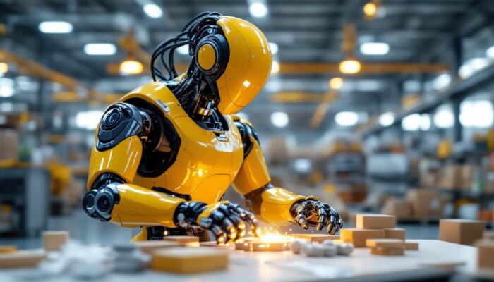A photograph of a sleek industrial robot in action within a modern warehouse setting