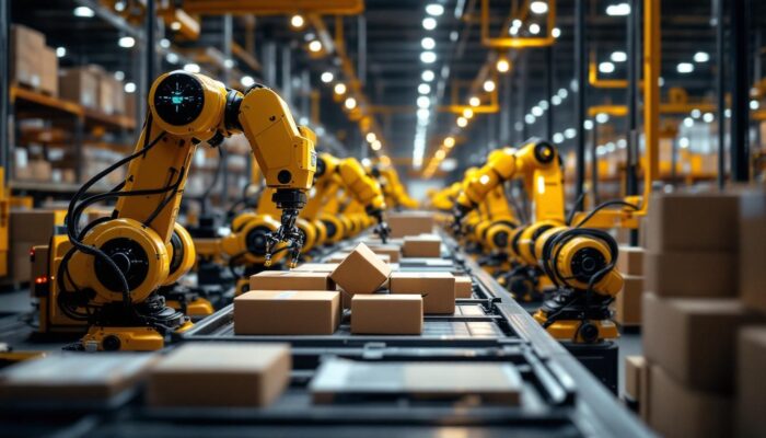 A photograph of capture a photograph of an amazon warehouse assembly line featuring industrial robots efficiently sorting and packaging products
