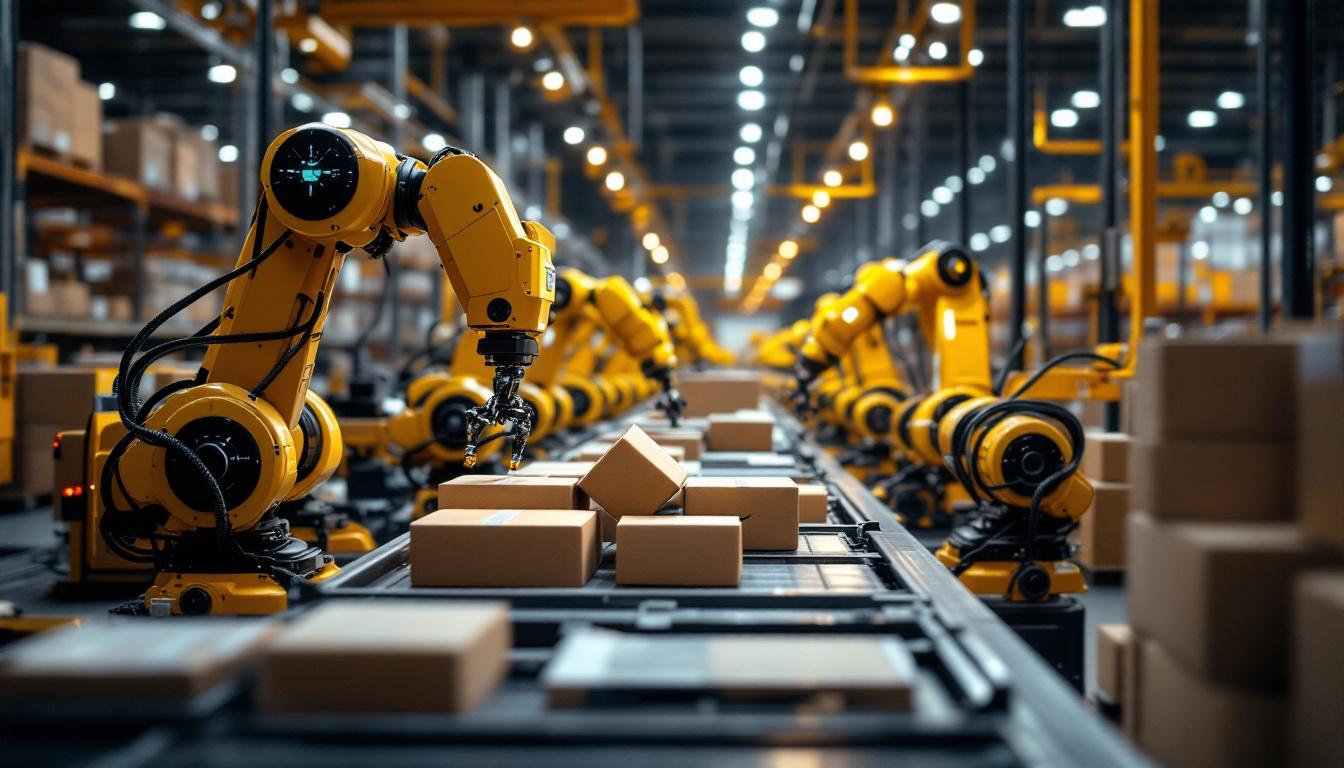 A photograph of capture a photograph of an amazon warehouse assembly line featuring industrial robots efficiently sorting and packaging products