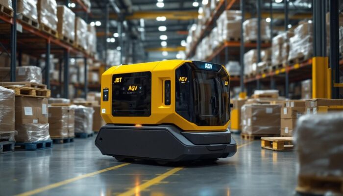 A photograph of a jbt agv industrial robotic vehicle in action within a warehouse setting