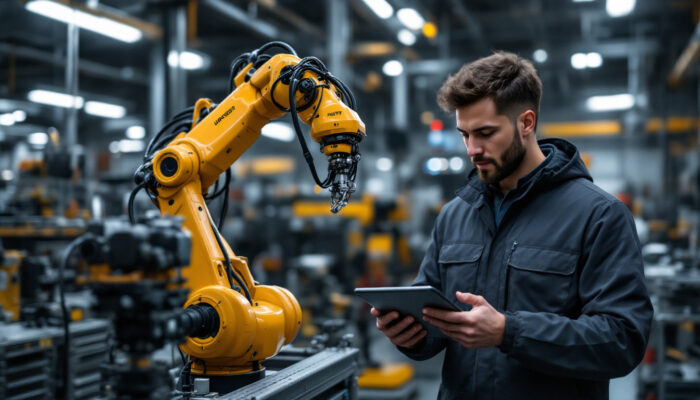 A photograph of a skilled technician conducting a hands-on training session with a universal robot in a modern industrial setting