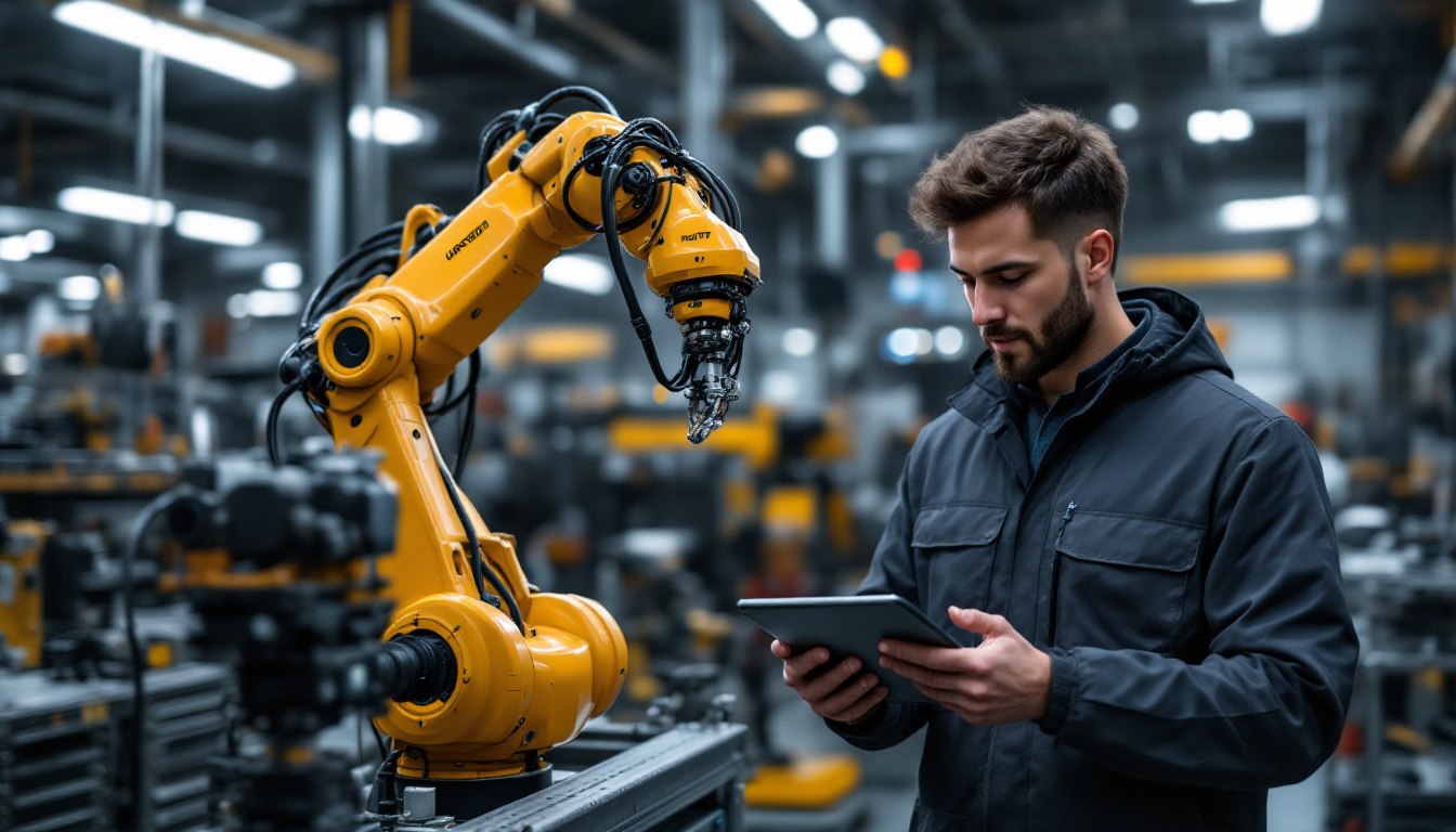A photograph of a skilled technician conducting a hands-on training session with a universal robot in a modern industrial setting