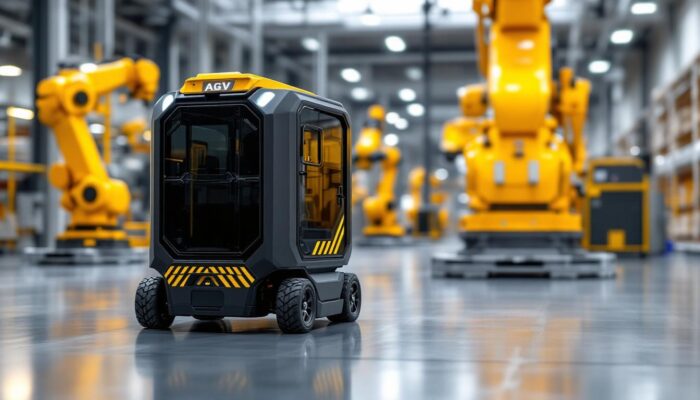 A photograph of a modern industrial setting featuring an automated guided vehicle (agv) in action
