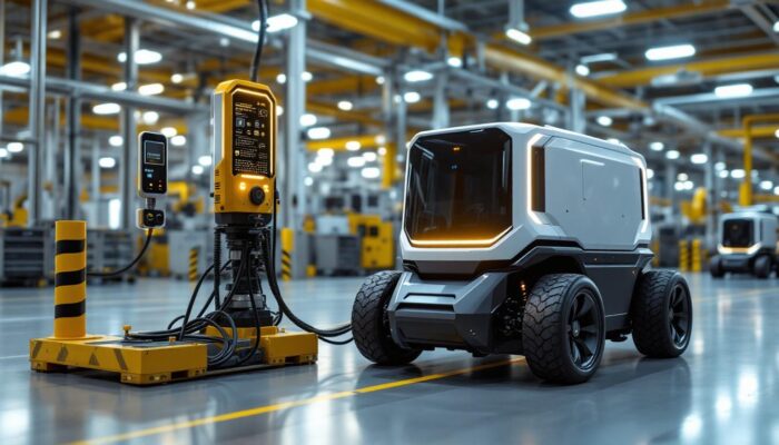 A photograph of a modern mobile robot charging station in an industrial setting