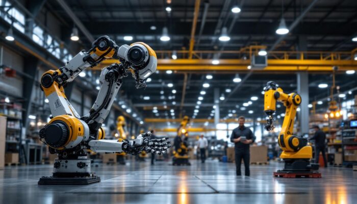 A photograph of a modern warehouse environment showcasing industrial robots in action