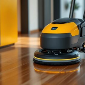 A photograph of a sleek industrial robotic floor scrubber in action on a polished hardwood floor
