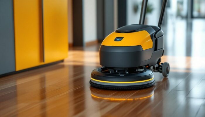 A photograph of a sleek industrial robotic floor scrubber in action on a polished hardwood floor