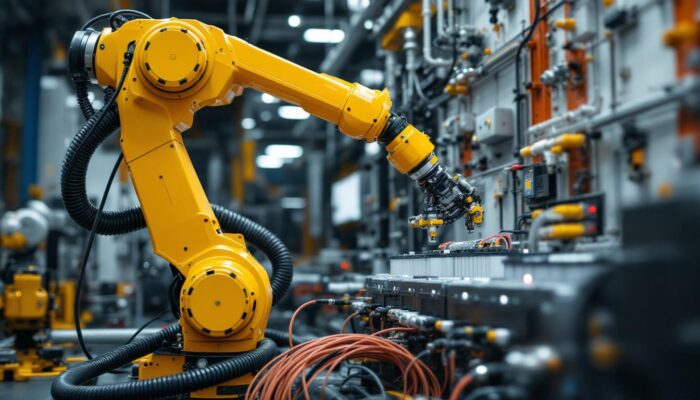A photograph of a modern industrial robotic arm engaged in the process of charging a large battery system