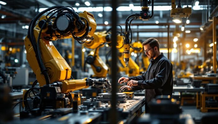 A photograph of a modern manufacturing facility showcasing industrial robots in action