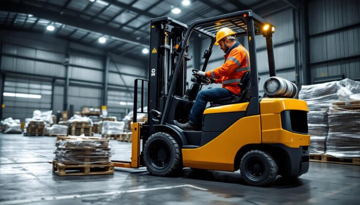 A photograph of a skilled operator maneuvering an outrigger forklift in an industrial setting