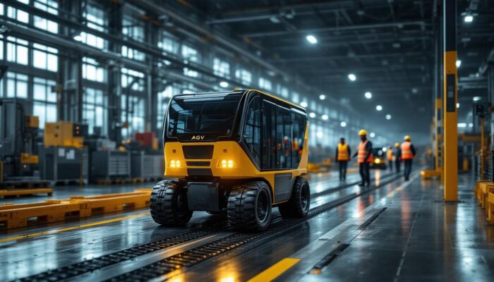 A photograph of capture a photograph of an autonomous guided vehicle (agv) navigating through a modern industrial setting