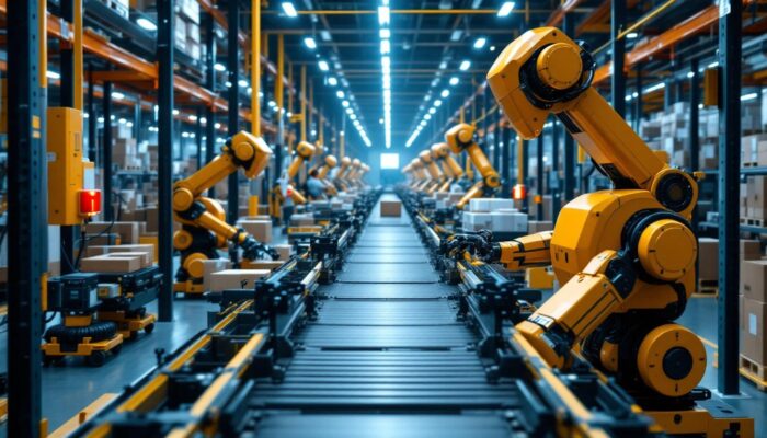 A photograph of a bustling amazon warehouse conveyor belt system