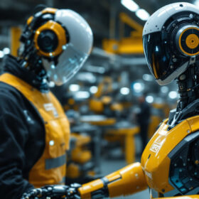 A photograph of a collaborative robot (cobot) in action alongside human workers in an industrial setting