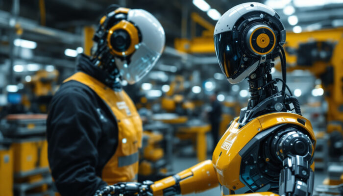A photograph of a collaborative robot (cobot) in action alongside human workers in an industrial setting