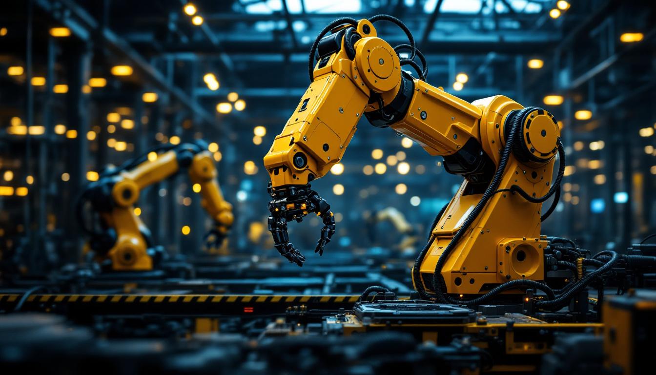 A photograph of a futuristic industrial robotic arm in action within a high-tech manufacturing environment