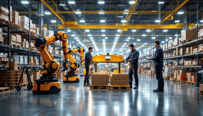 A photograph of a modern warehouse environment showcasing advanced robotic systems in action