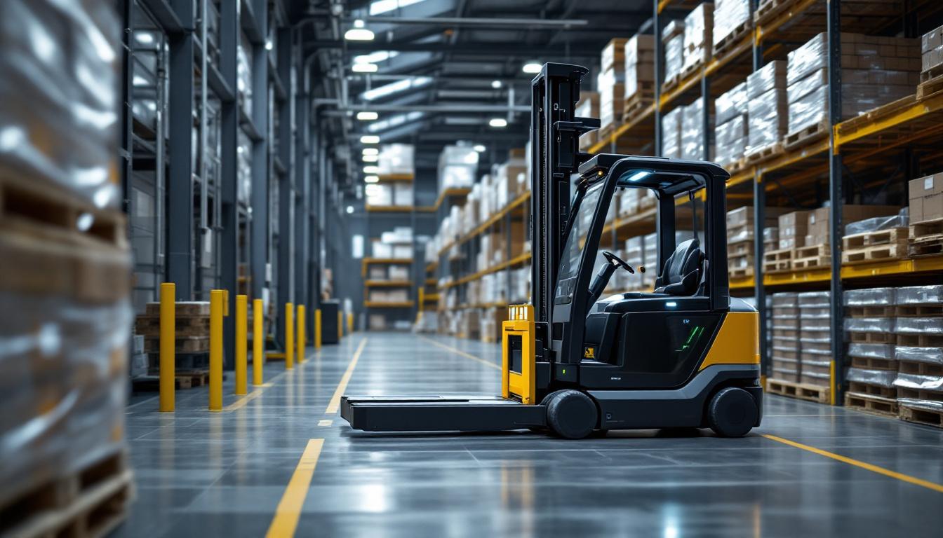 A photograph of a modern industrial warehouse setting showcasing a sleek
