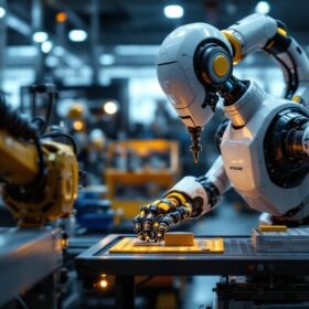 A photograph of a modern industrial robot in action within a manufacturing environment