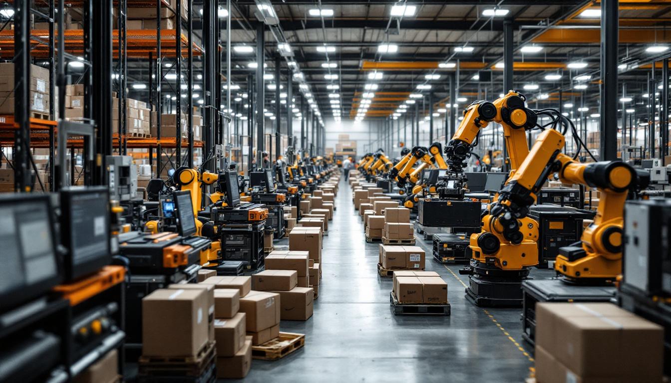 A photograph of capture a photograph of a bustling amazon distribution center in shreveport
