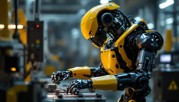 A photograph of a boston dynamics robot in action within an industrial setting