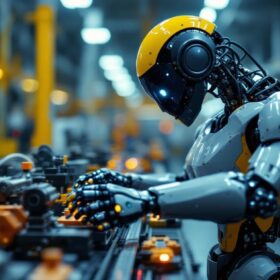 A photograph of a sleek industrial robot in action within a manufacturing environment