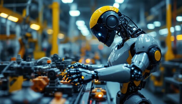 A photograph of a sleek industrial robot in action within a manufacturing environment