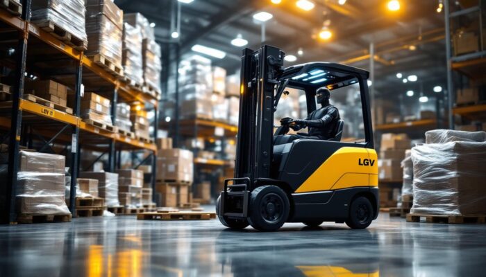 A photograph of a sleek lgv forklift in action within an industrial setting