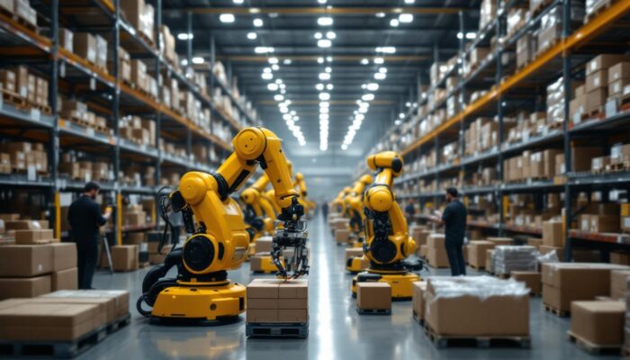 A photograph of a bustling warehouse scene showcasing industrial robots in action