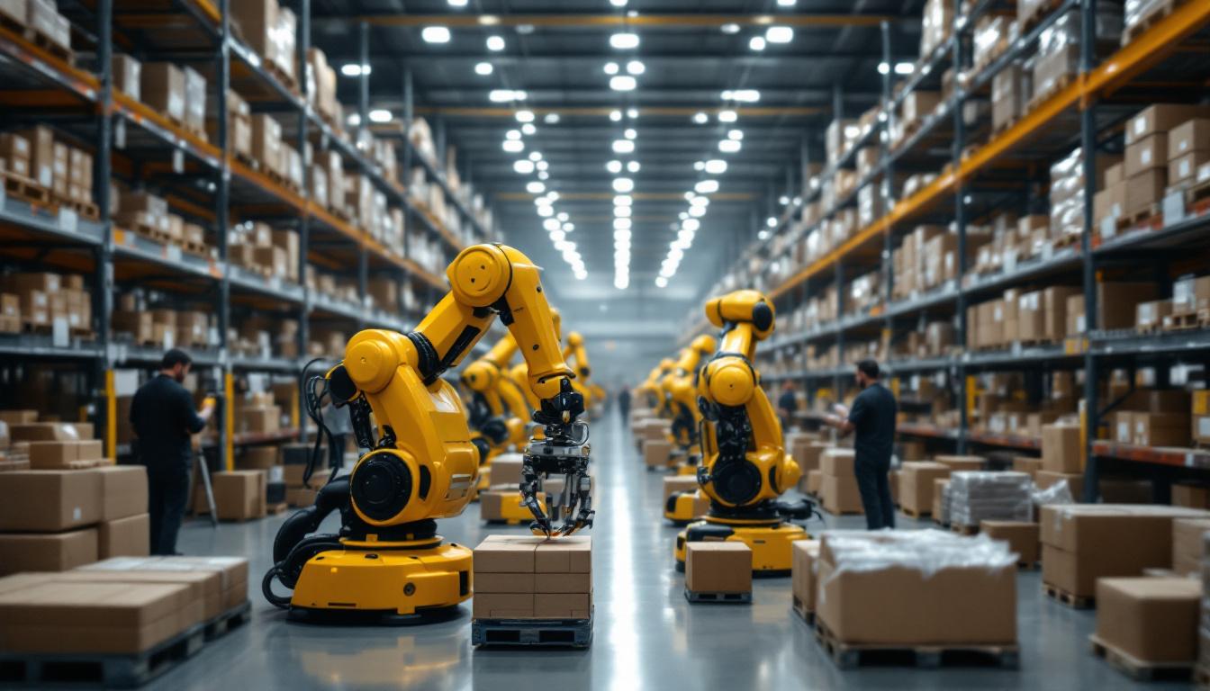 A photograph of a bustling warehouse scene showcasing industrial robots in action