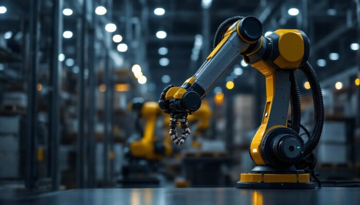 A photograph of a sleek industrial robotic arm in action within a modern warehouse setting