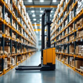 A photograph of a very narrow aisle lift truck in action within a warehouse setting