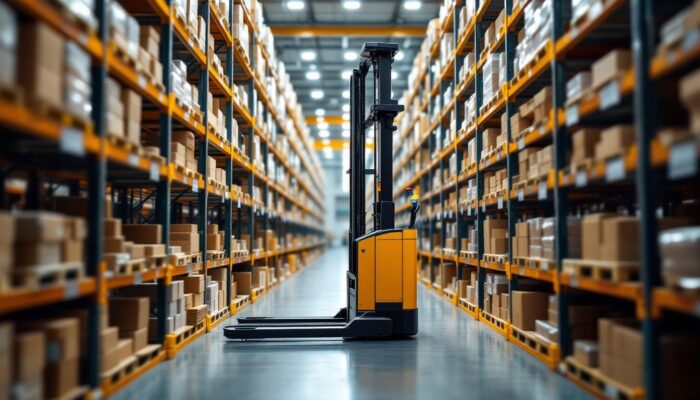 A photograph of a very narrow aisle lift truck in action within a warehouse setting