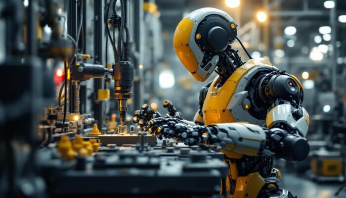 A photograph of a modern industrial robot in action on a factory floor