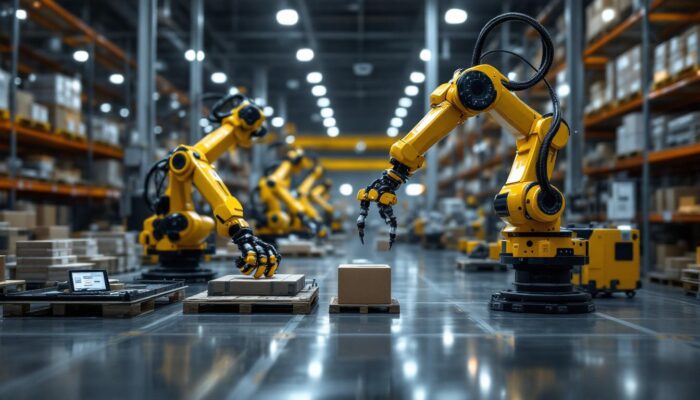 A photograph of a modern warehouse environment showcasing industrial robots in action
