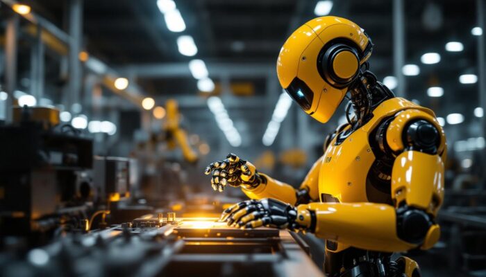 A photograph of a sleek ebot industrial robot in action within a modern manufacturing setting