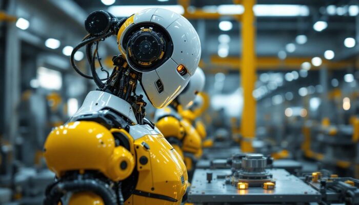 A photograph of a sleek industrial robot in action within a manufacturing environment
