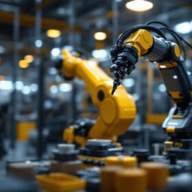 A photograph of a modern industrial robotic arm in action within a manufacturing setting