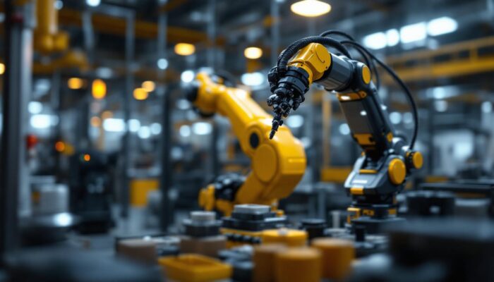 A photograph of a modern industrial robotic arm in action within a manufacturing setting