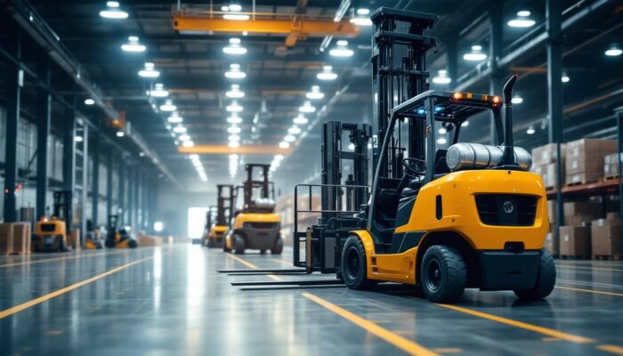 A photograph of a modern industrial setting featuring a variety of forklifts in action