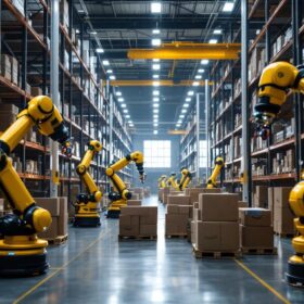 A photograph of a bustling amazon warehouse showcasing a variety of industrial robots in action