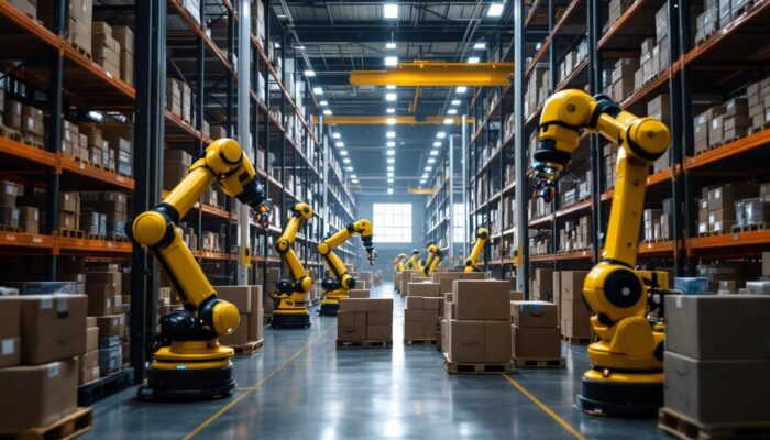 A photograph of a bustling amazon warehouse showcasing a variety of industrial robots in action