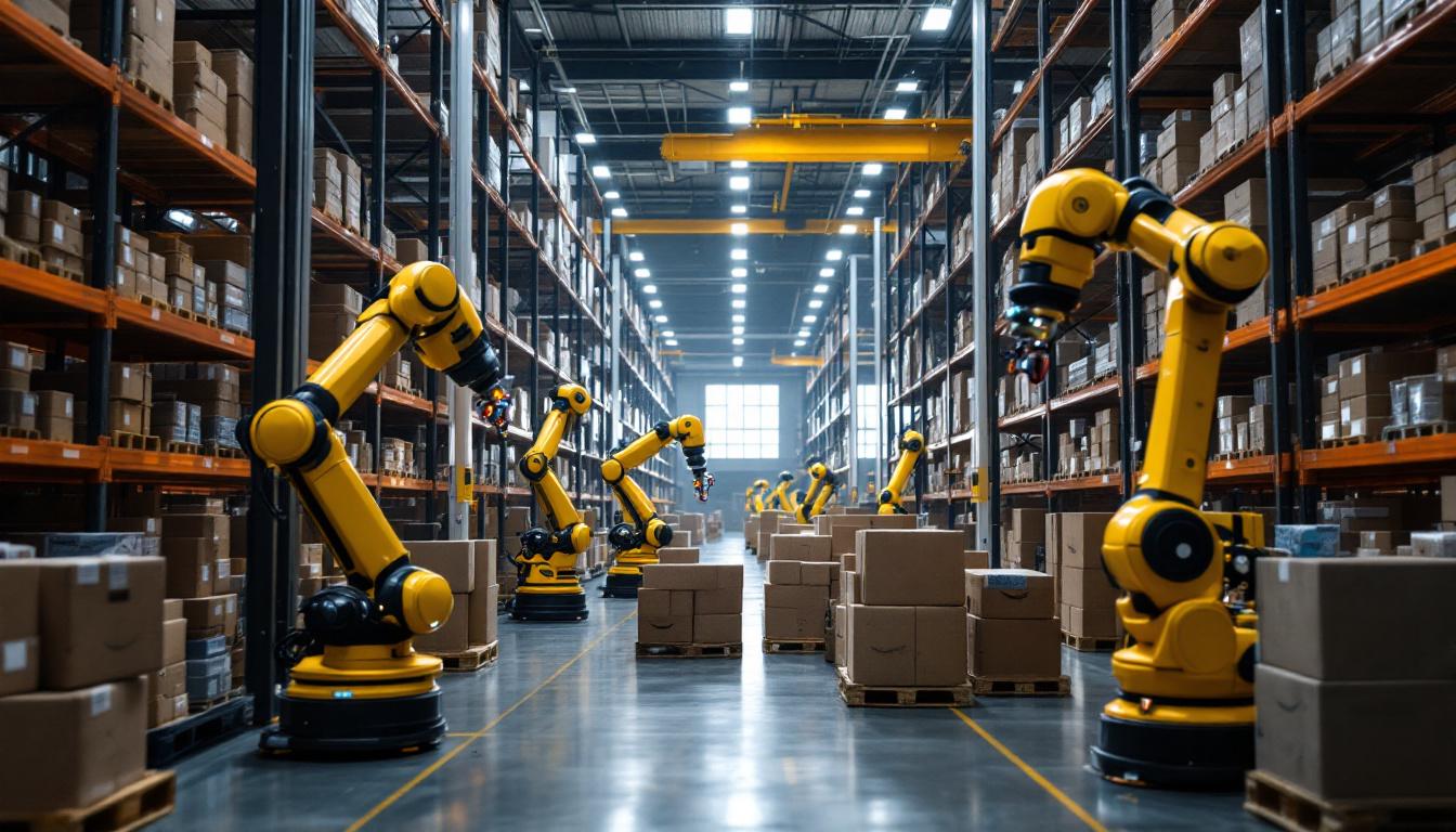 A photograph of a bustling amazon warehouse showcasing a variety of industrial robots in action