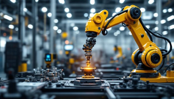 A photograph of a sleek industrial robotic arm in action