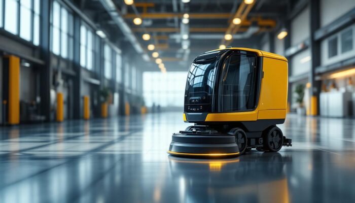 A photograph of a modern industrial robotic floor cleaning machine in action within a large commercial space