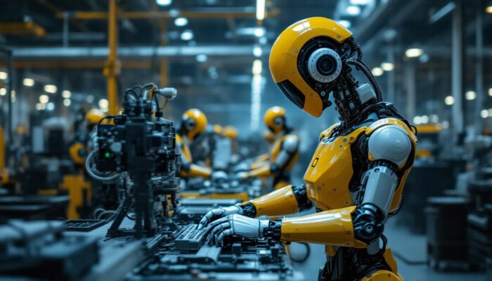 A photograph of capture a photograph of a sleek industrial robot in action within a modern manufacturing environment