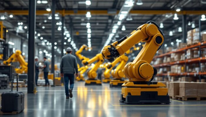 A photograph of a modern warehouse setting featuring industrial robots in action