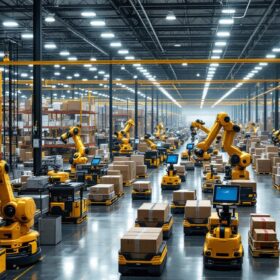 A photograph of a bustling amazon fulfillment center showcasing advanced robotics in action