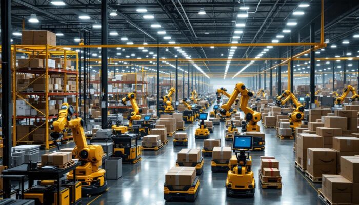 A photograph of a bustling amazon fulfillment center showcasing advanced robotics in action